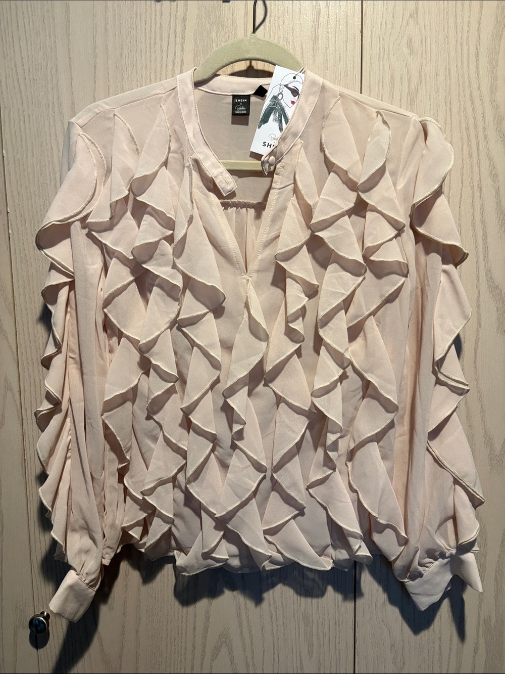SHEIN Pale Blush Ruffle V-Neck Long-Sleeve Blouse NWT